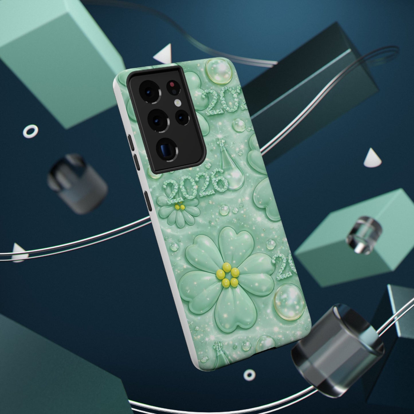Impact-Resistant Phone Case — Mint 2026 Floral Clover Design
