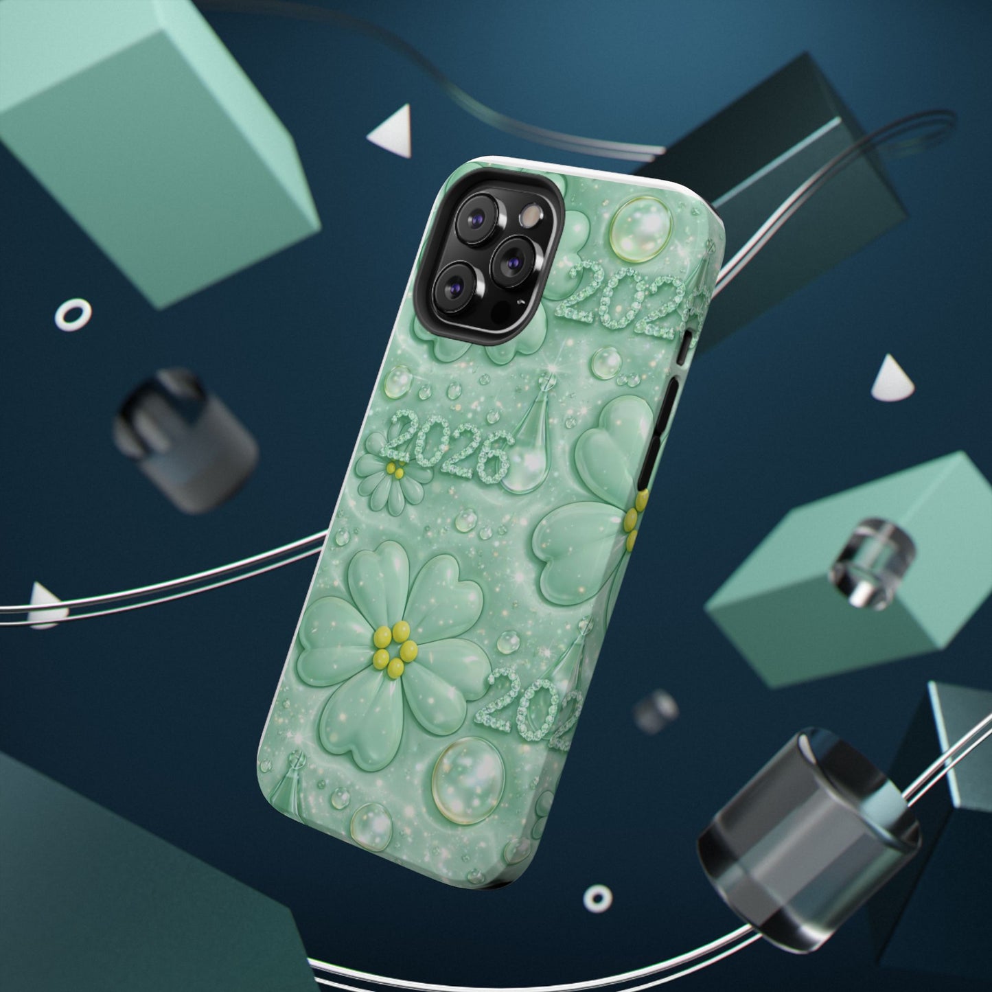 Impact-Resistant Phone Case — Mint 2026 Floral Clover Design