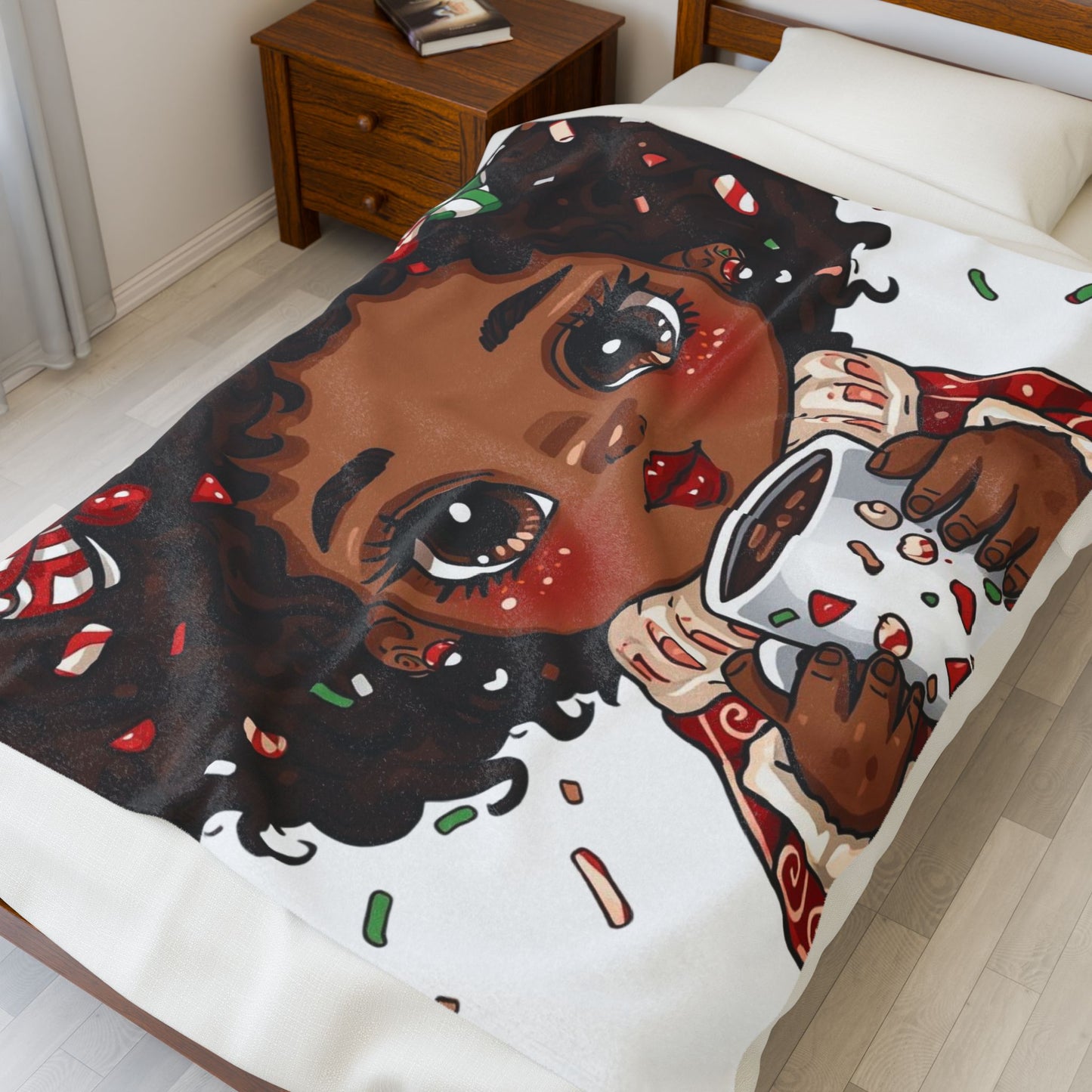 Holiday Cocoa Girl Velveteen Plush Blanket — Cozy Christmas Throw for Kids & Teens