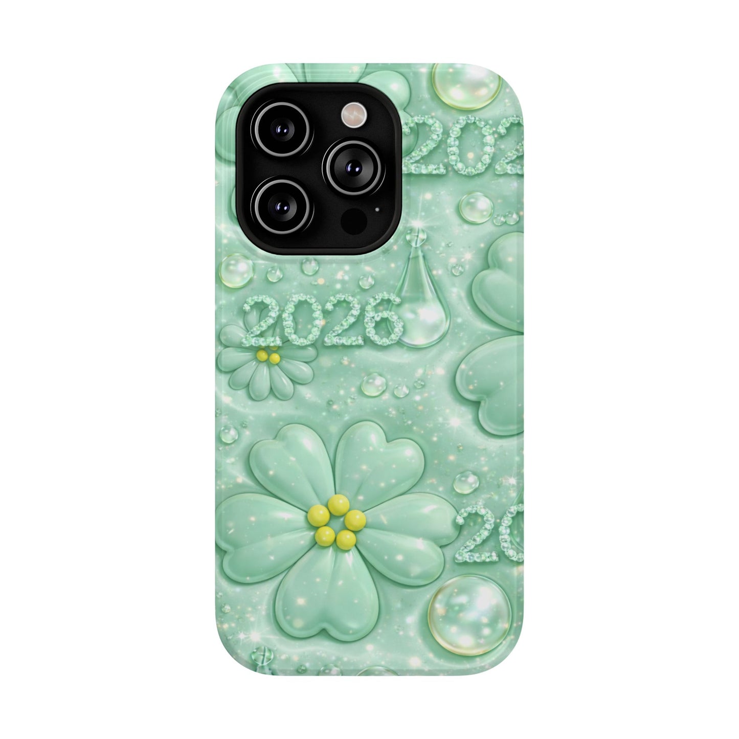 Impact-Resistant Phone Case — Mint 2026 Floral Clover Design
