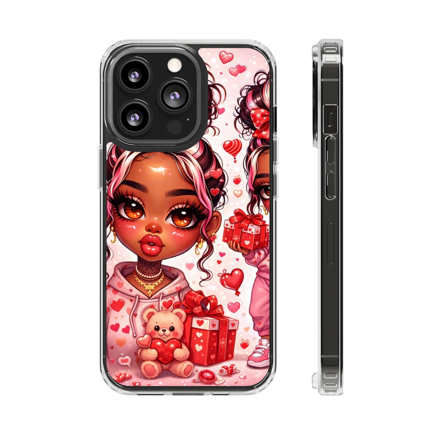 Clear Magnetic Phone Case — Cute Valentine Girl with Teddy & Hearts