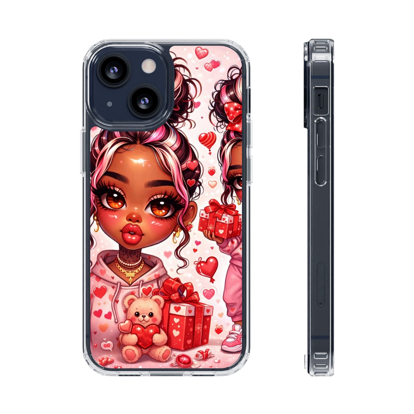 Clear Magnetic Phone Case — Cute Valentine Girl with Teddy & Hearts