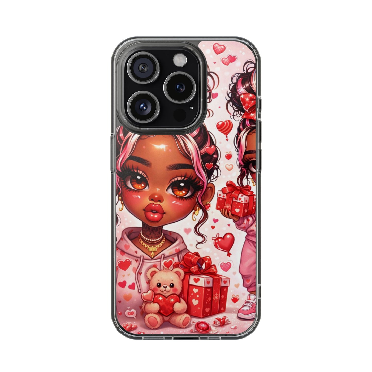 Clear Magnetic Phone Case — Cute Valentine Girl with Teddy & Hearts