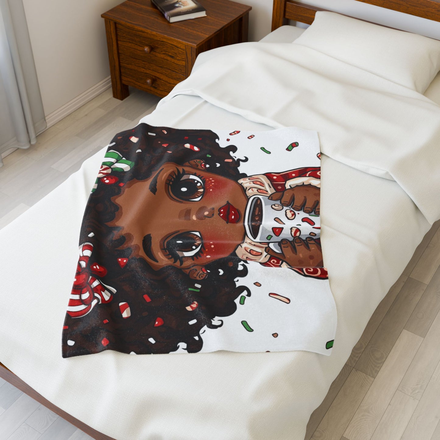 Holiday Cocoa Girl Velveteen Plush Blanket — Cozy Christmas Throw for Kids & Teens