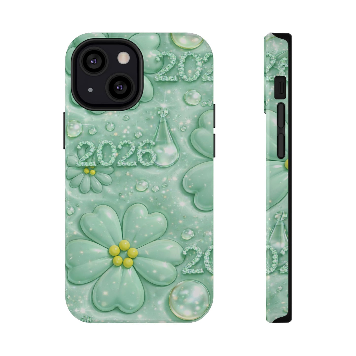 Impact-Resistant Phone Case — Mint 2026 Floral Clover Design