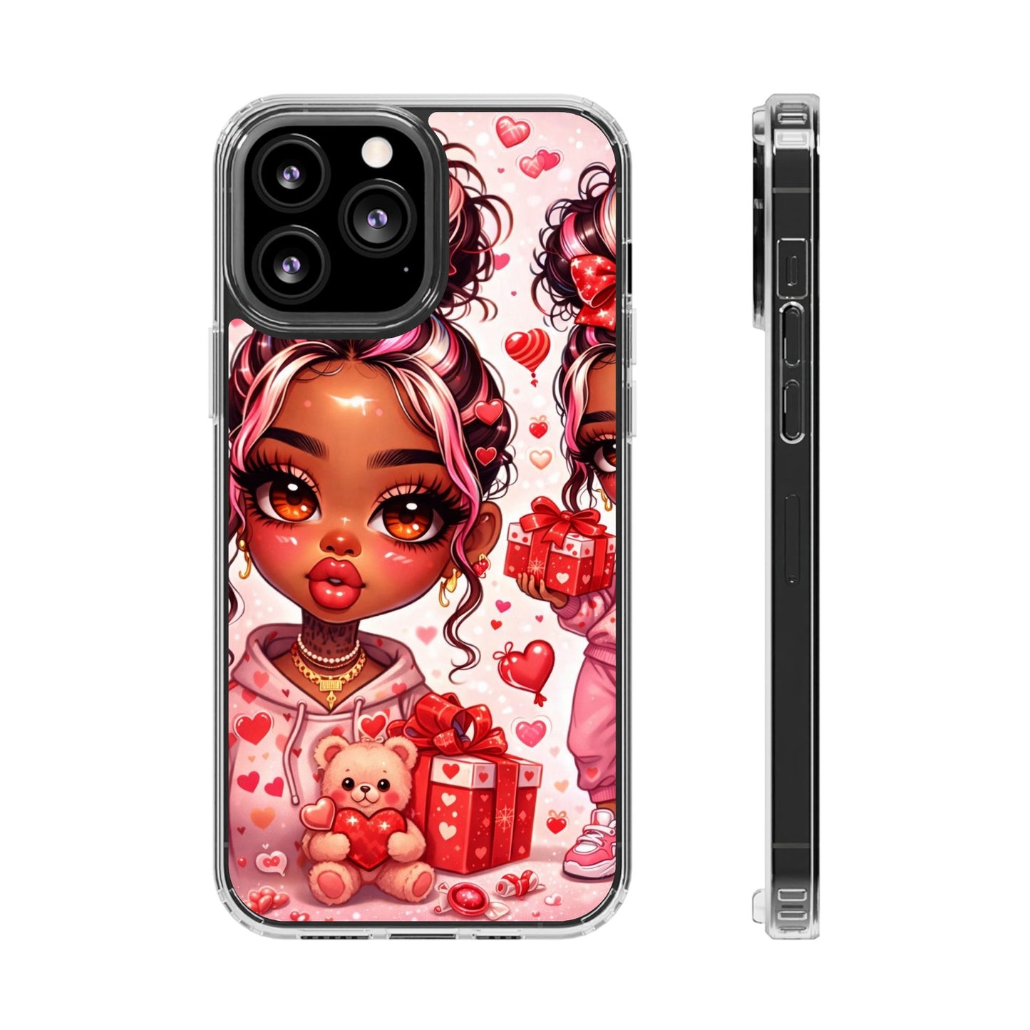 Clear Magnetic Phone Case — Cute Valentine Girl with Teddy & Hearts