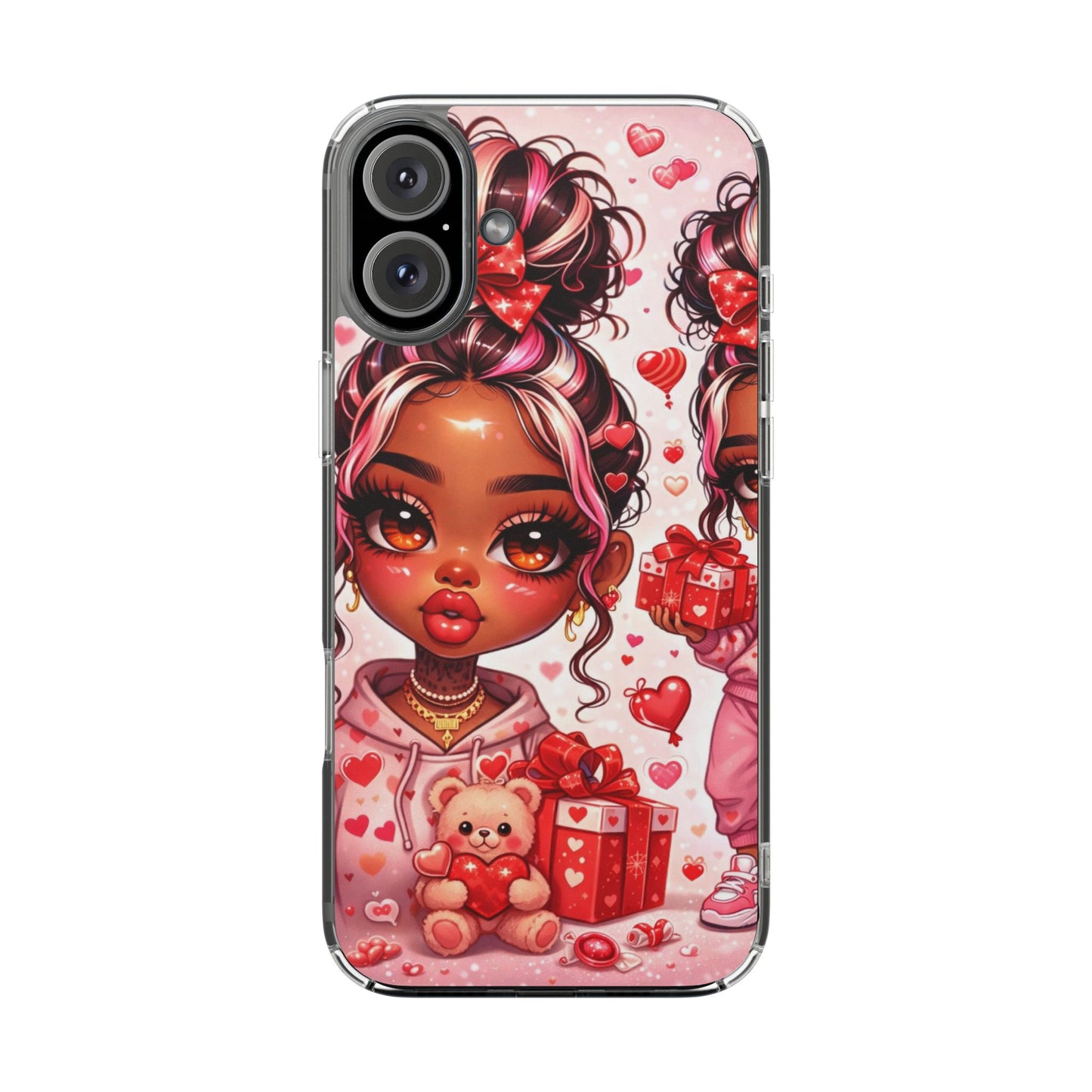 Clear Magnetic Phone Case — Cute Valentine Girl with Teddy & Hearts
