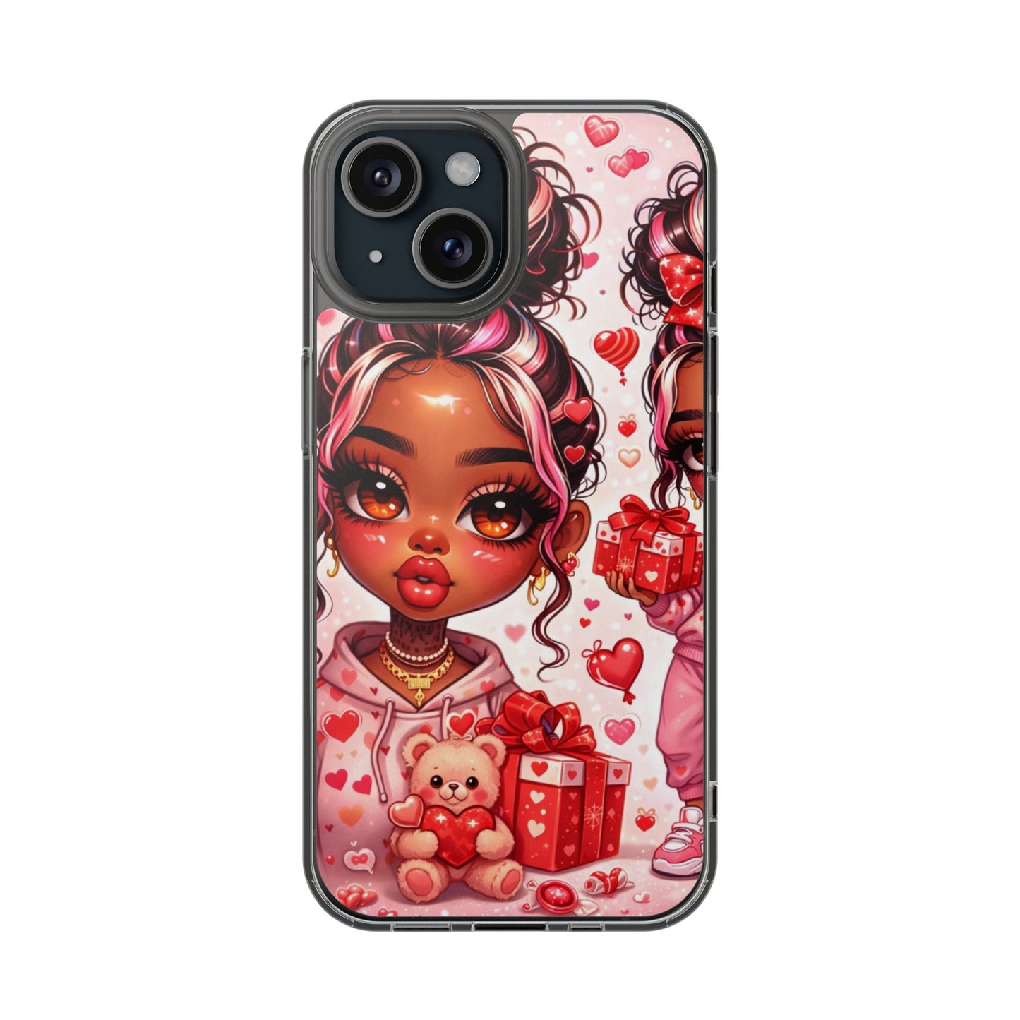 Clear Magnetic Phone Case — Cute Valentine Girl with Teddy & Hearts