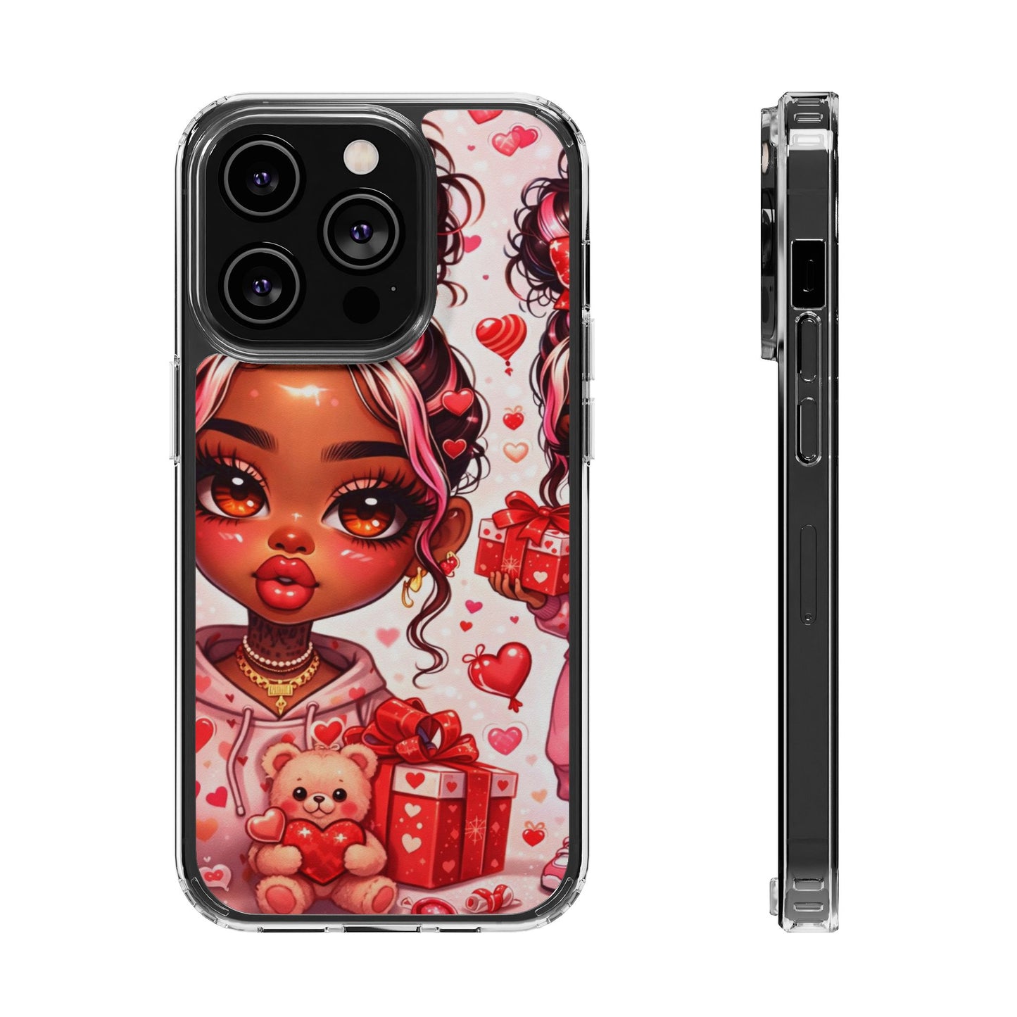 Clear Magnetic Phone Case — Cute Valentine Girl with Teddy & Hearts