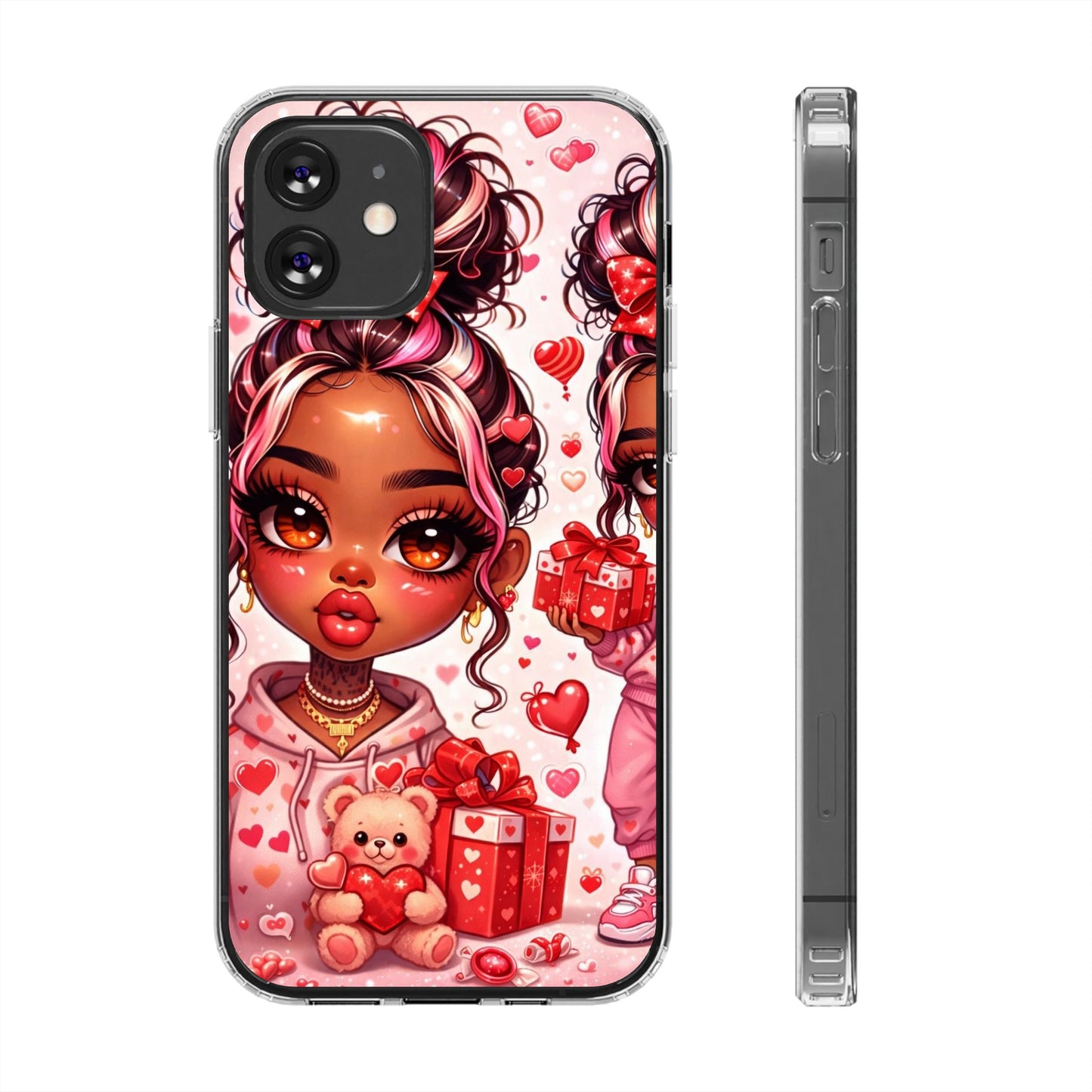 Clear Magnetic Phone Case — Cute Valentine Girl with Teddy & Hearts