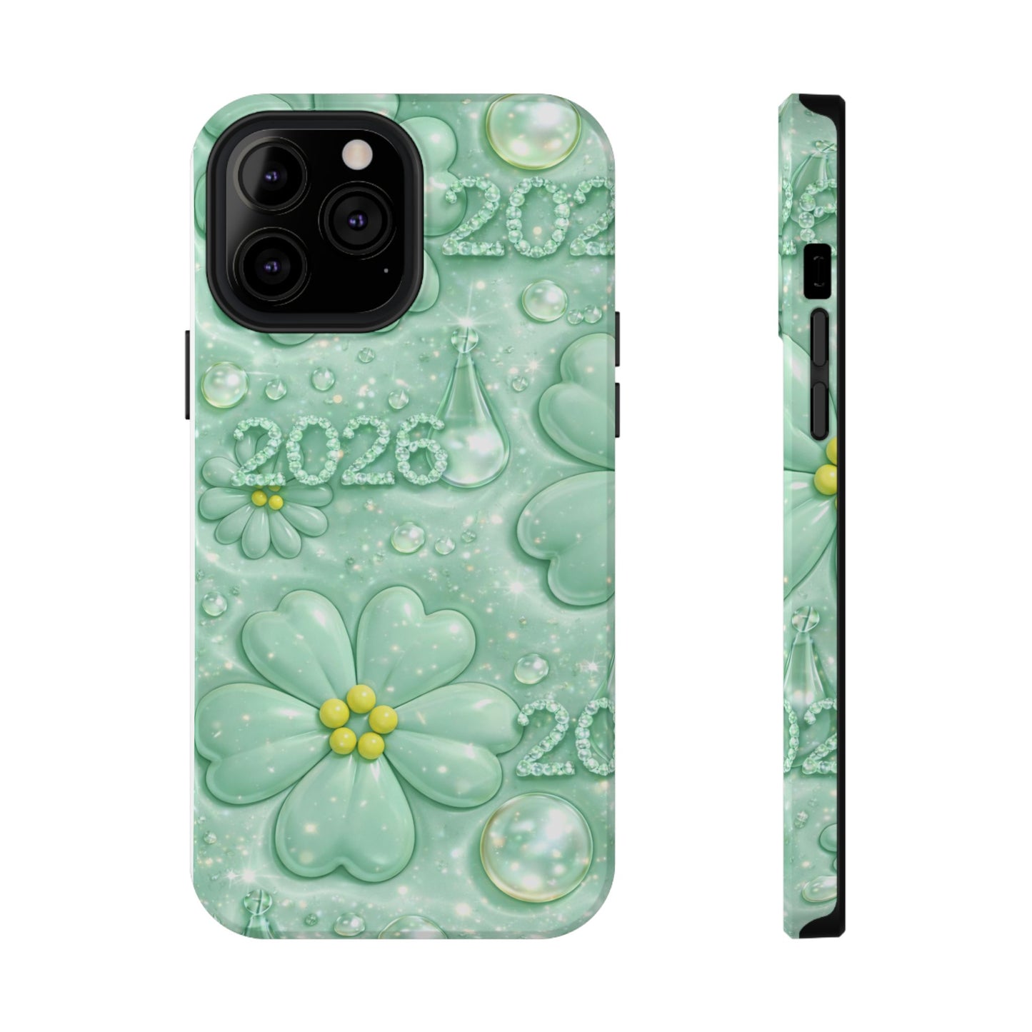 Impact-Resistant Phone Case — Mint 2026 Floral Clover Design