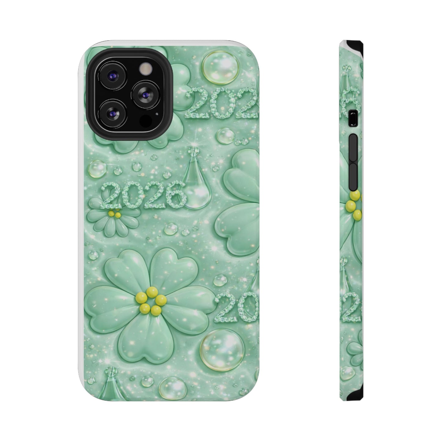 Impact-Resistant Phone Case — Mint 2026 Floral Clover Design