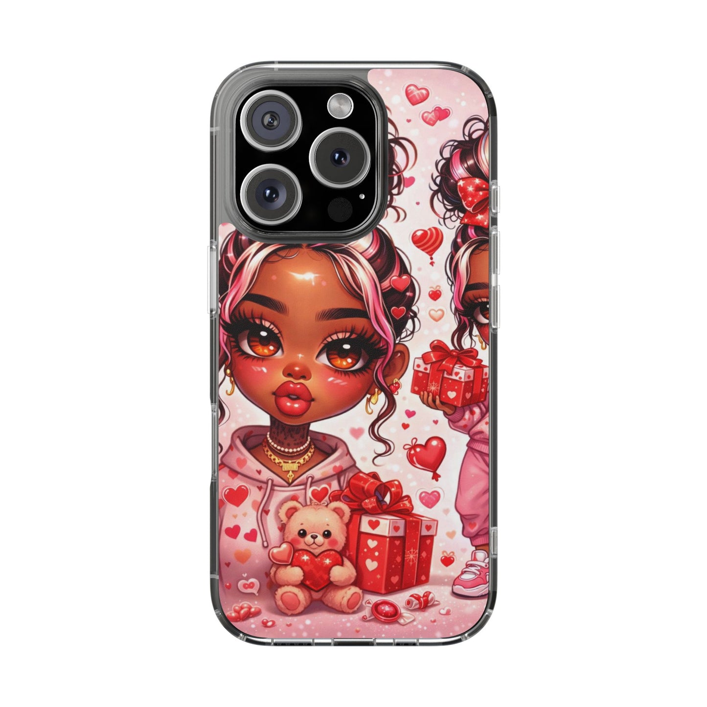 Clear Magnetic Phone Case — Cute Valentine Girl with Teddy & Hearts