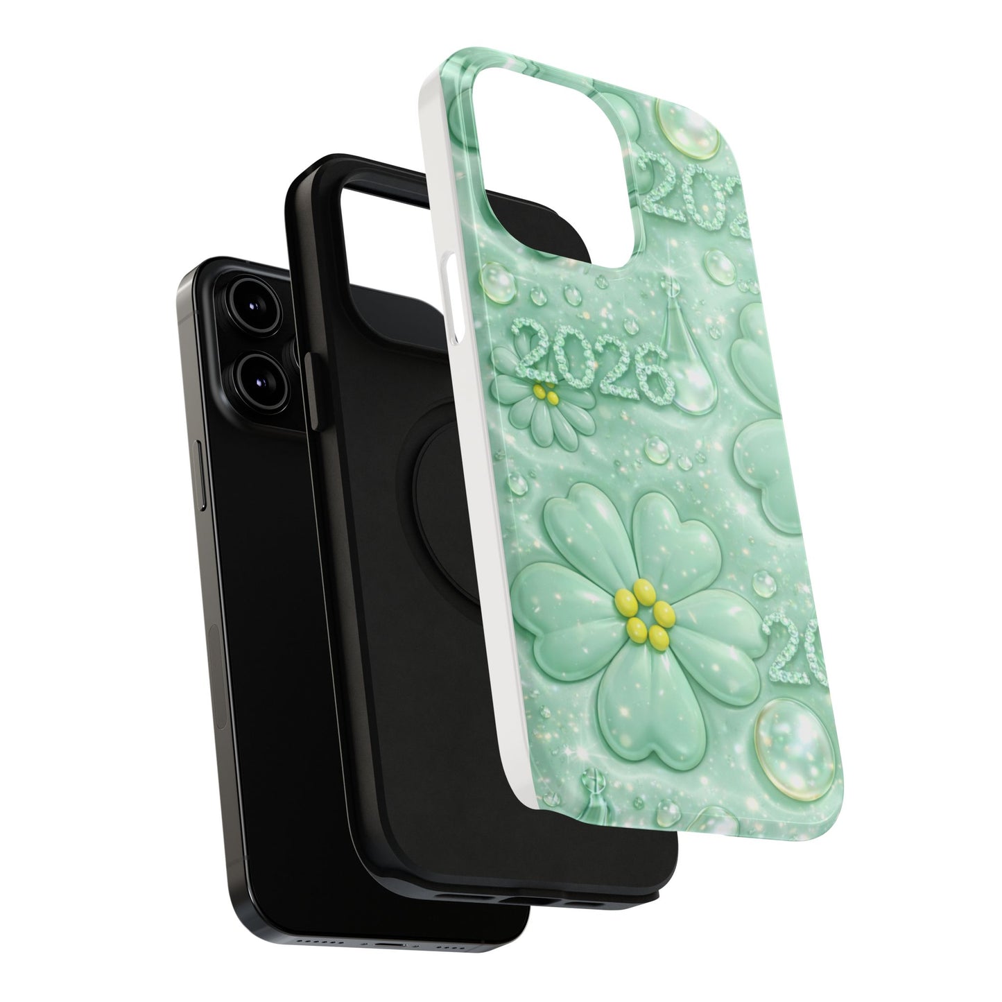 Impact-Resistant Phone Case — Mint 2026 Floral Clover Design