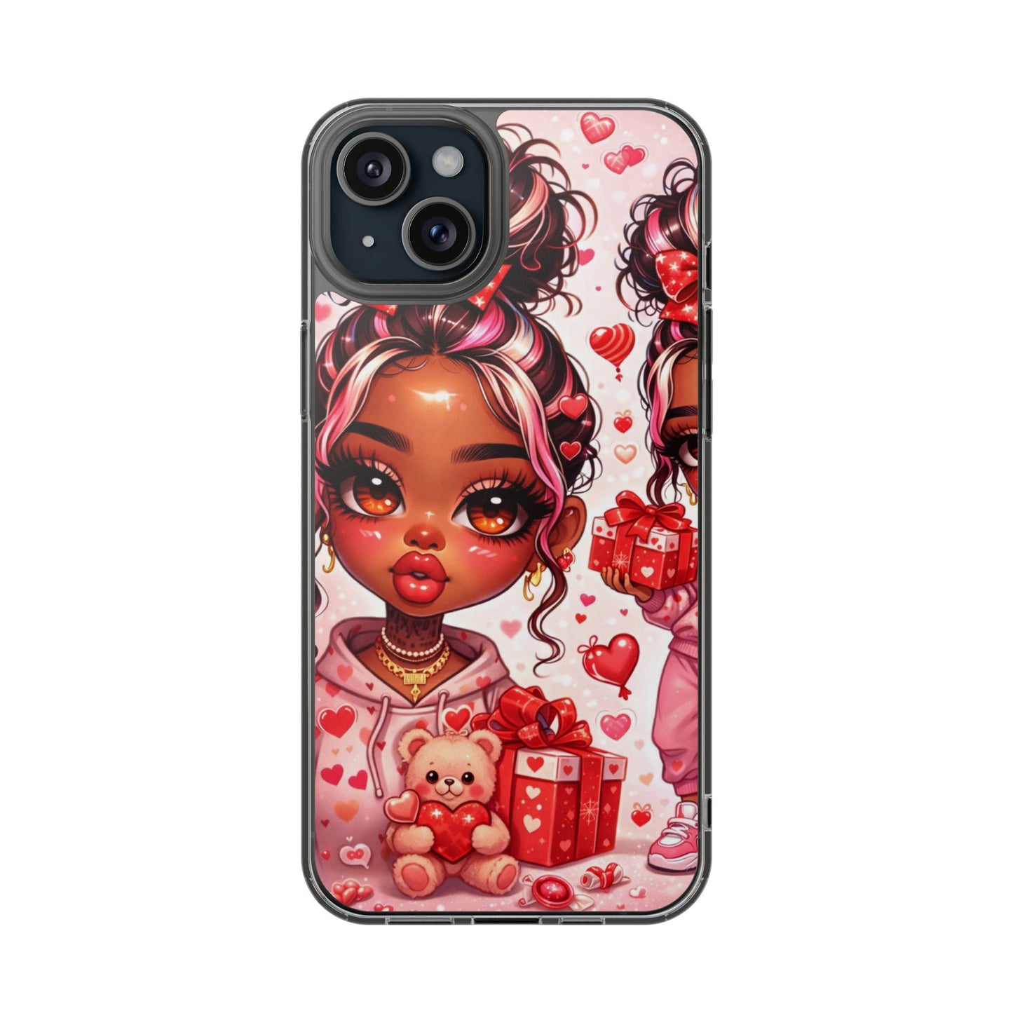 Clear Magnetic Phone Case — Cute Valentine Girl with Teddy & Hearts