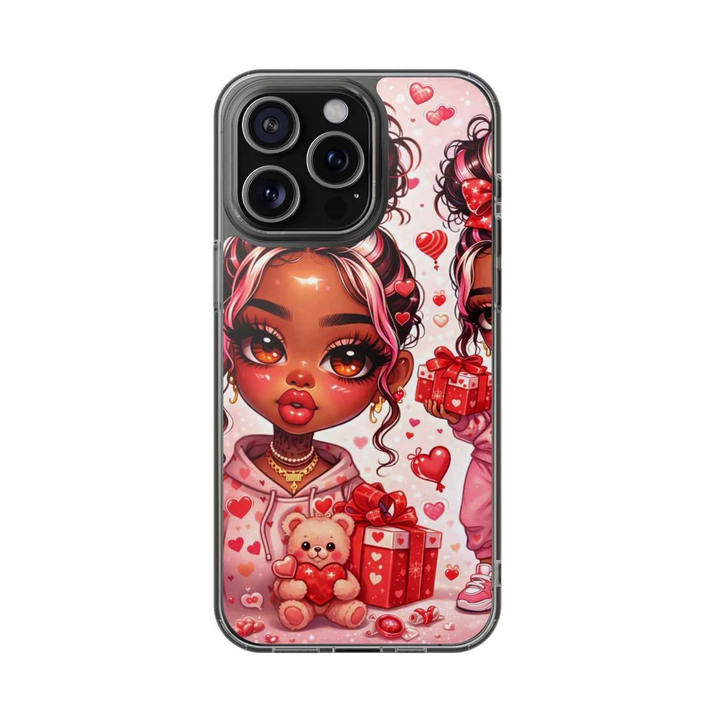 Clear Magnetic Phone Case — Cute Valentine Girl with Teddy & Hearts